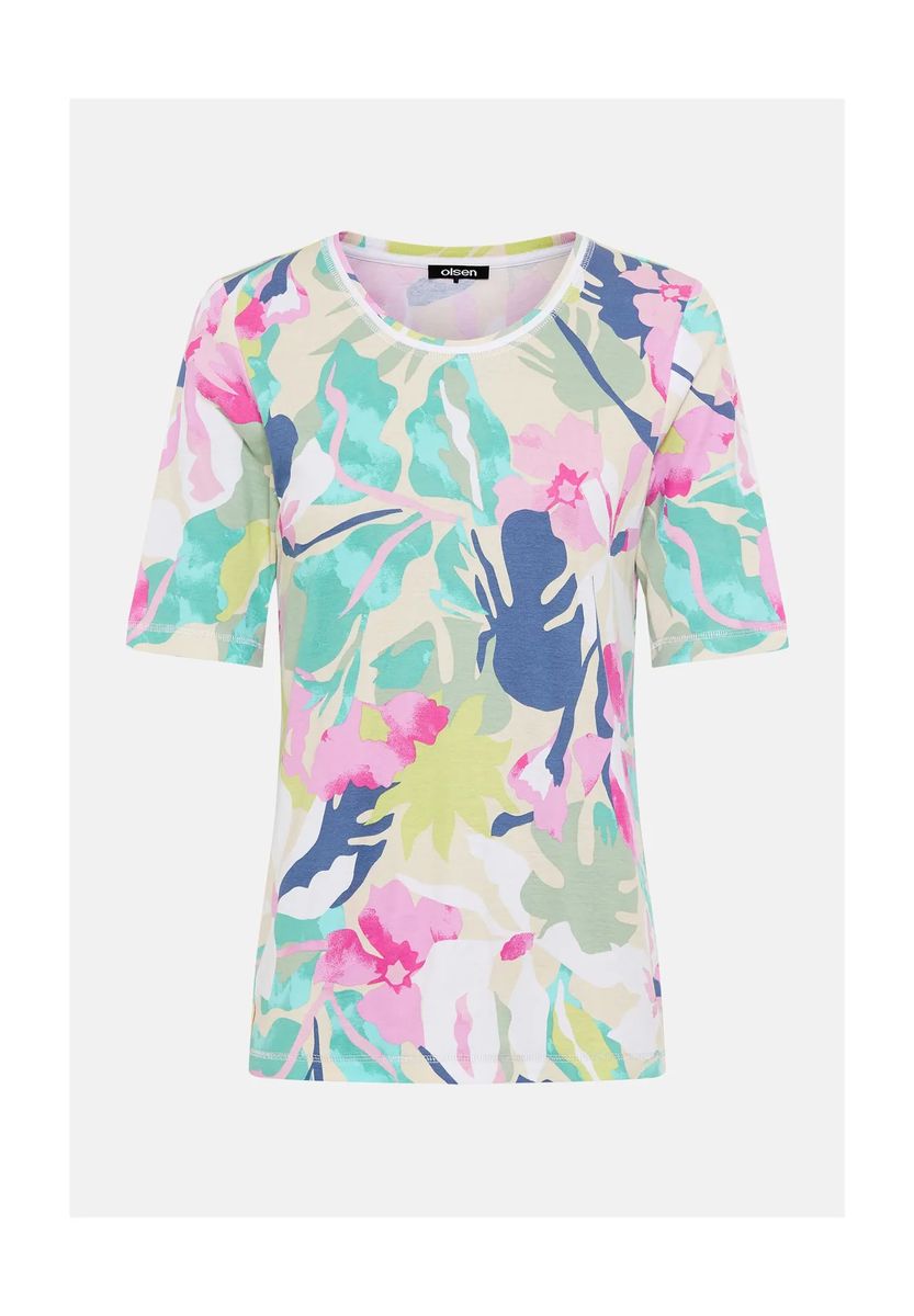 Baumwollshirt mit tropischem Print und Halbarm