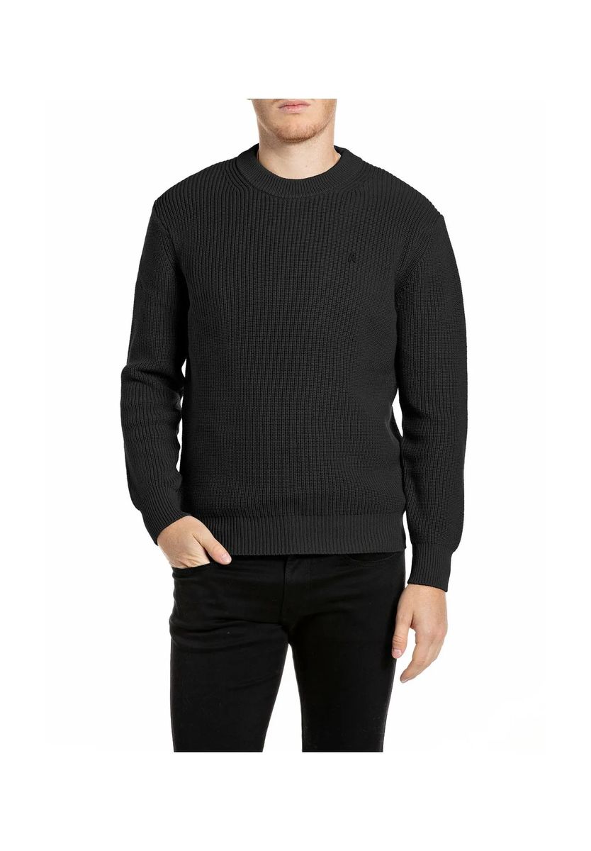 Rippstrick-Baumwollpullover mit Rundhalsausschnitt