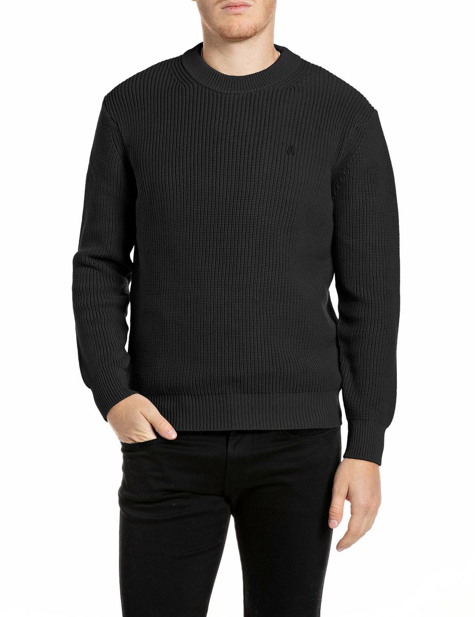 Rippstrick-Baumwollpullover mit Rundhalsausschnitt