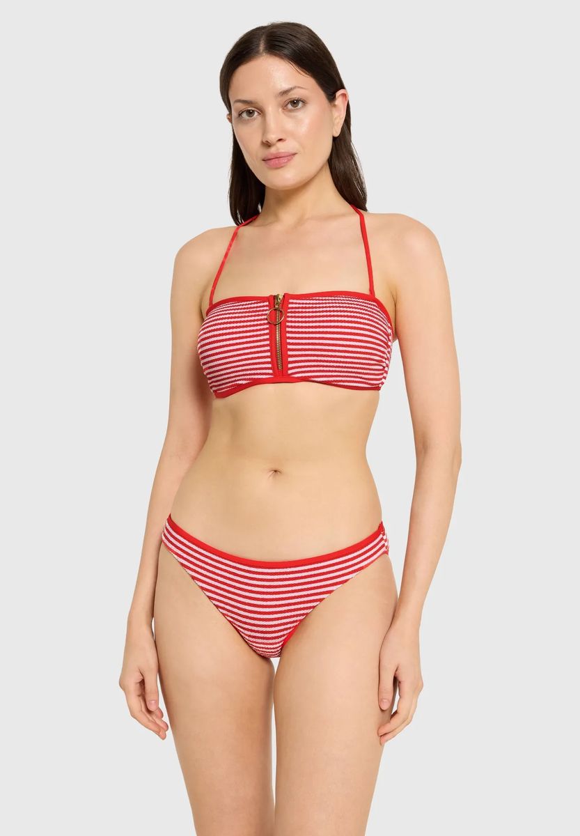 Gestreifter Bandeau-Bikini mit Front-Reißverschluss