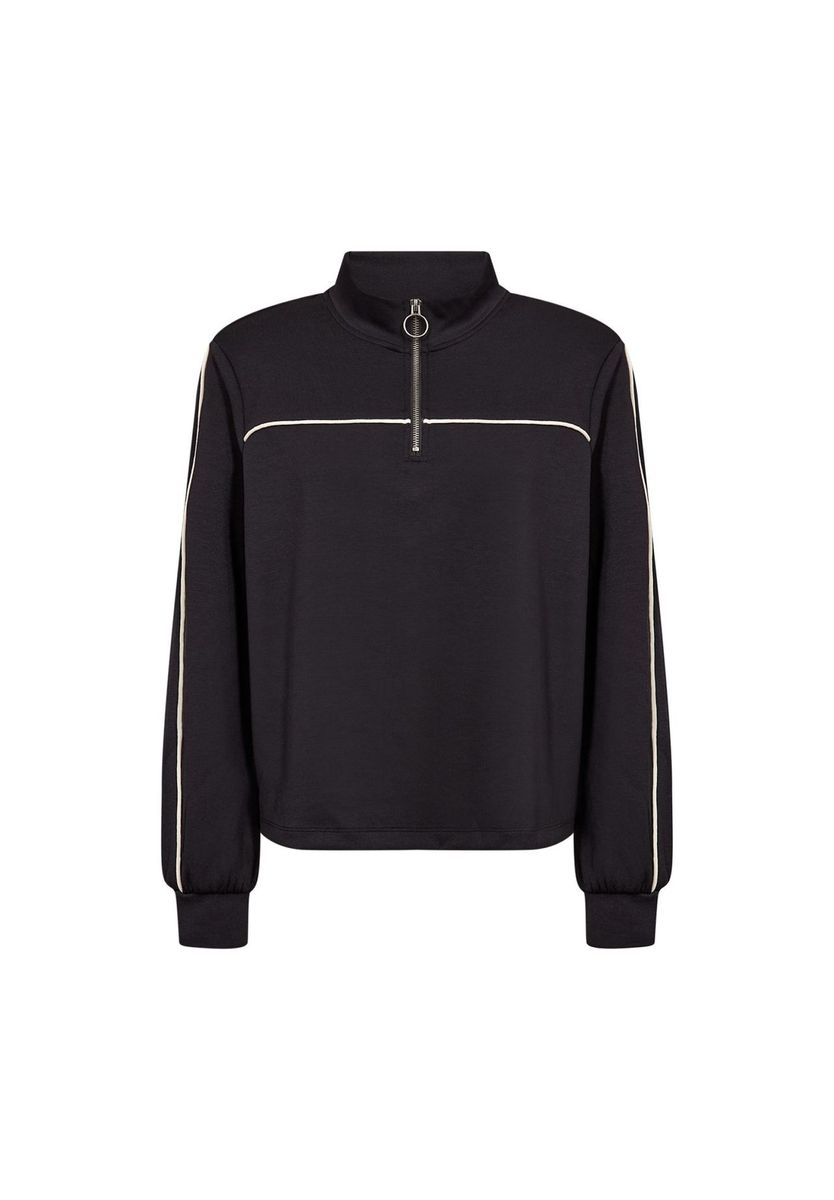 Schwarzer Kurzarmpullover mit halbem Reißverschluss und Streifen