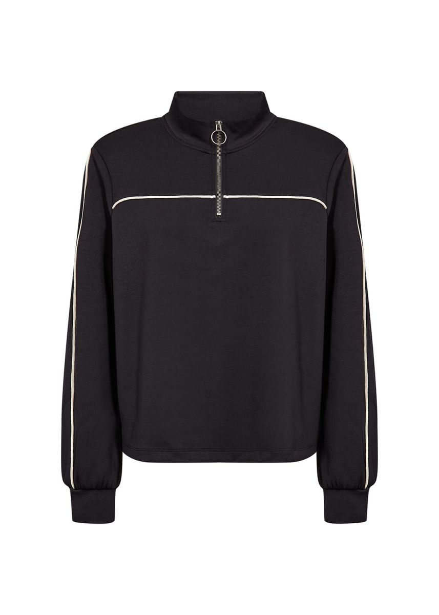 Schwarzer Kurzarmpullover mit halbem Reißverschluss und Streifen