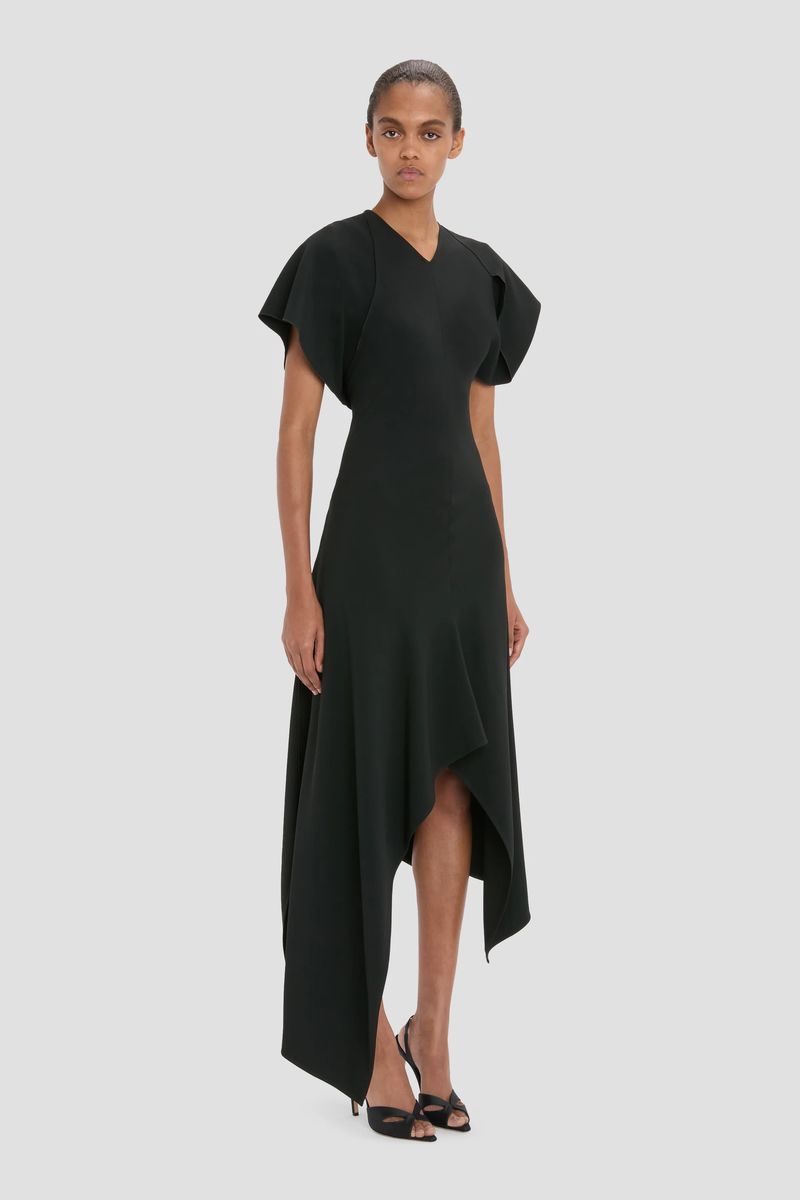 Asymmetrisches Midi-Kleid mit Cape-Ärmeln