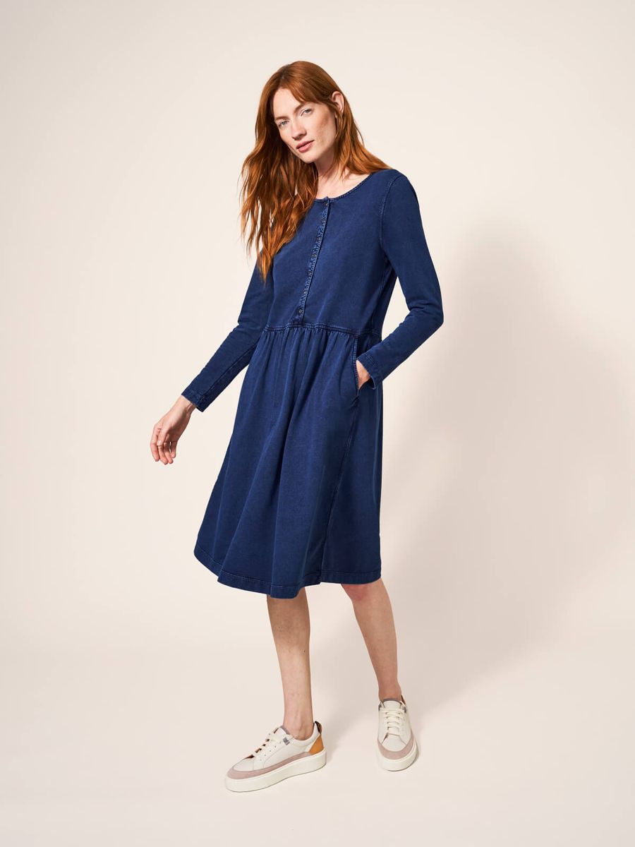 Lässiges Indigo-Jersey-Midikleid