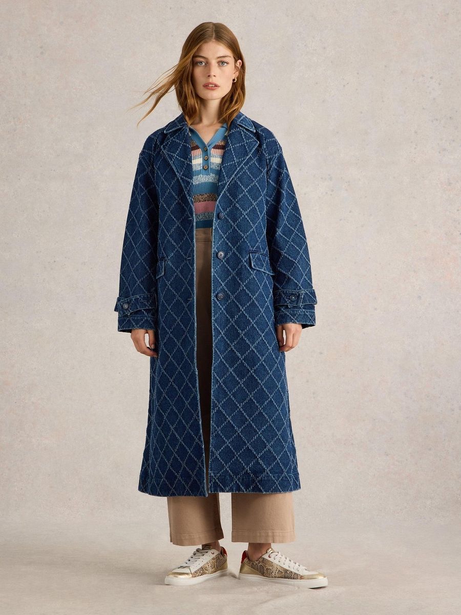 Jeans-Trenchcoat mit markanter Rautensteppung