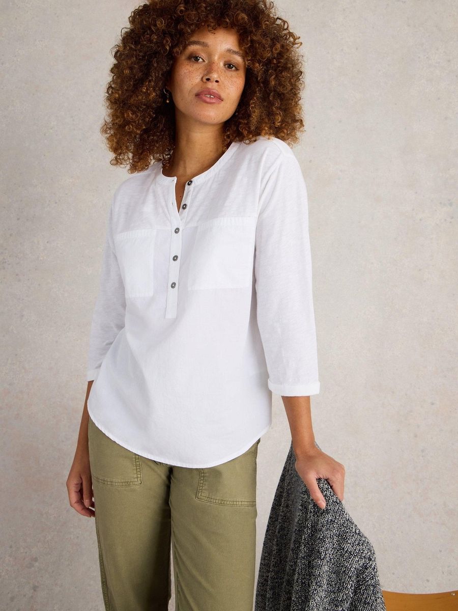 Kragenloses Henley-Shirt mit 3/4-Ärmeln