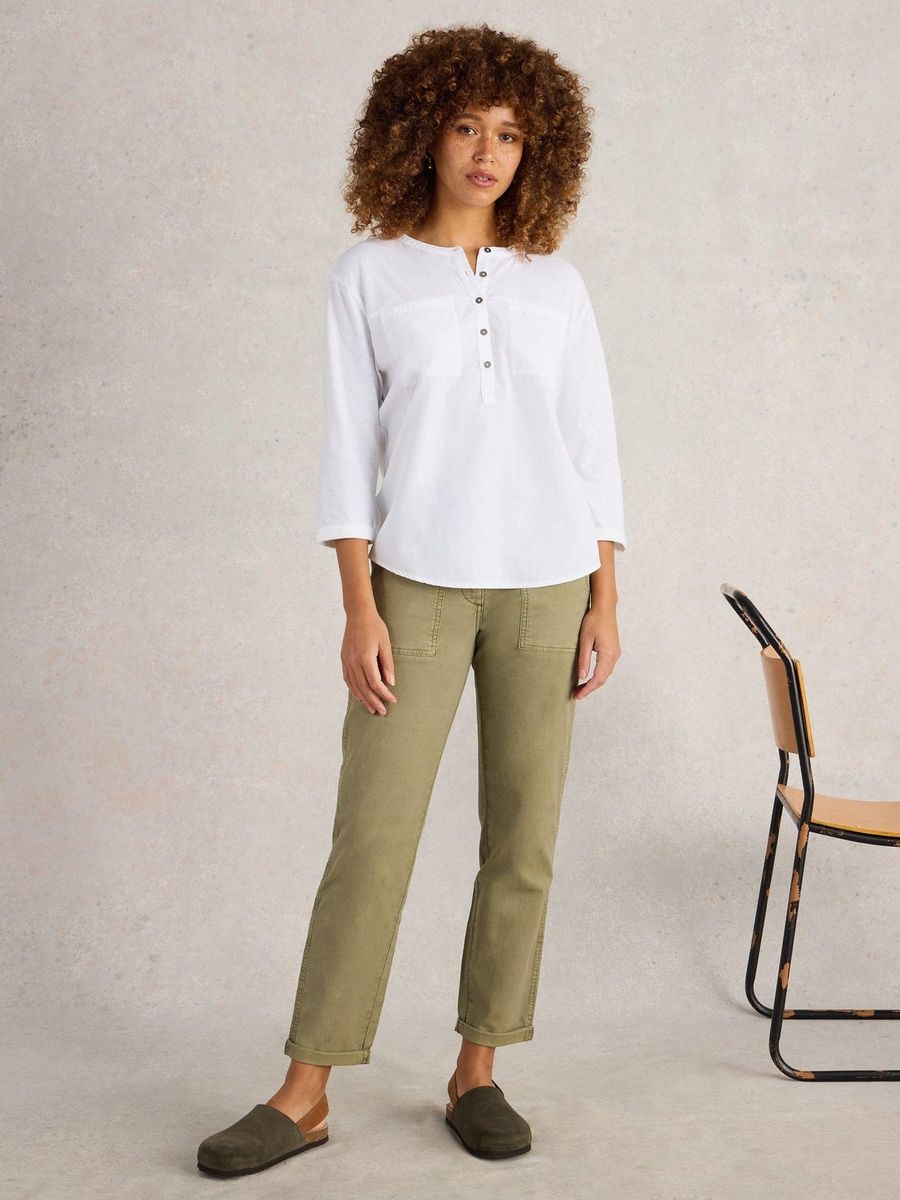 Kragenloses Henley-Shirt mit 3/4-Ärmeln