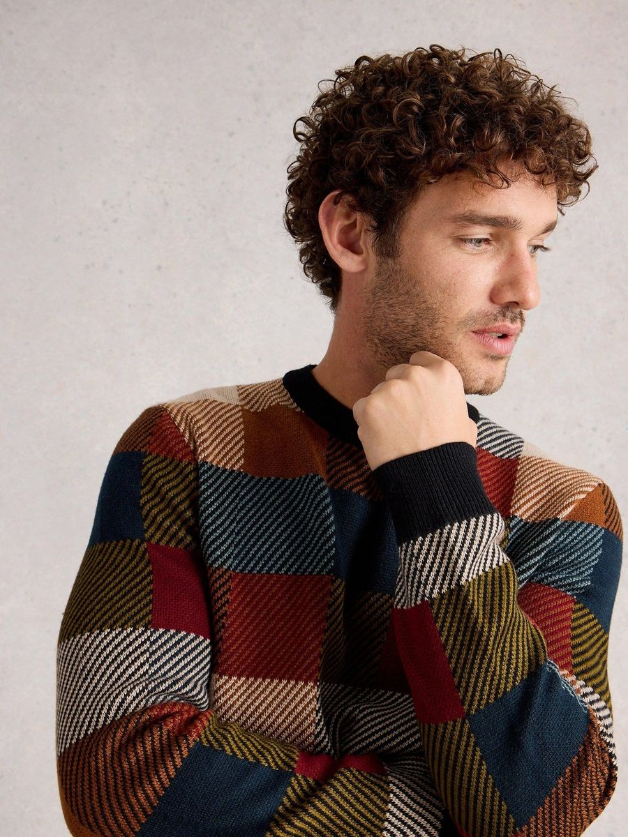 Geometrischer Strickpullover mit Karomuster