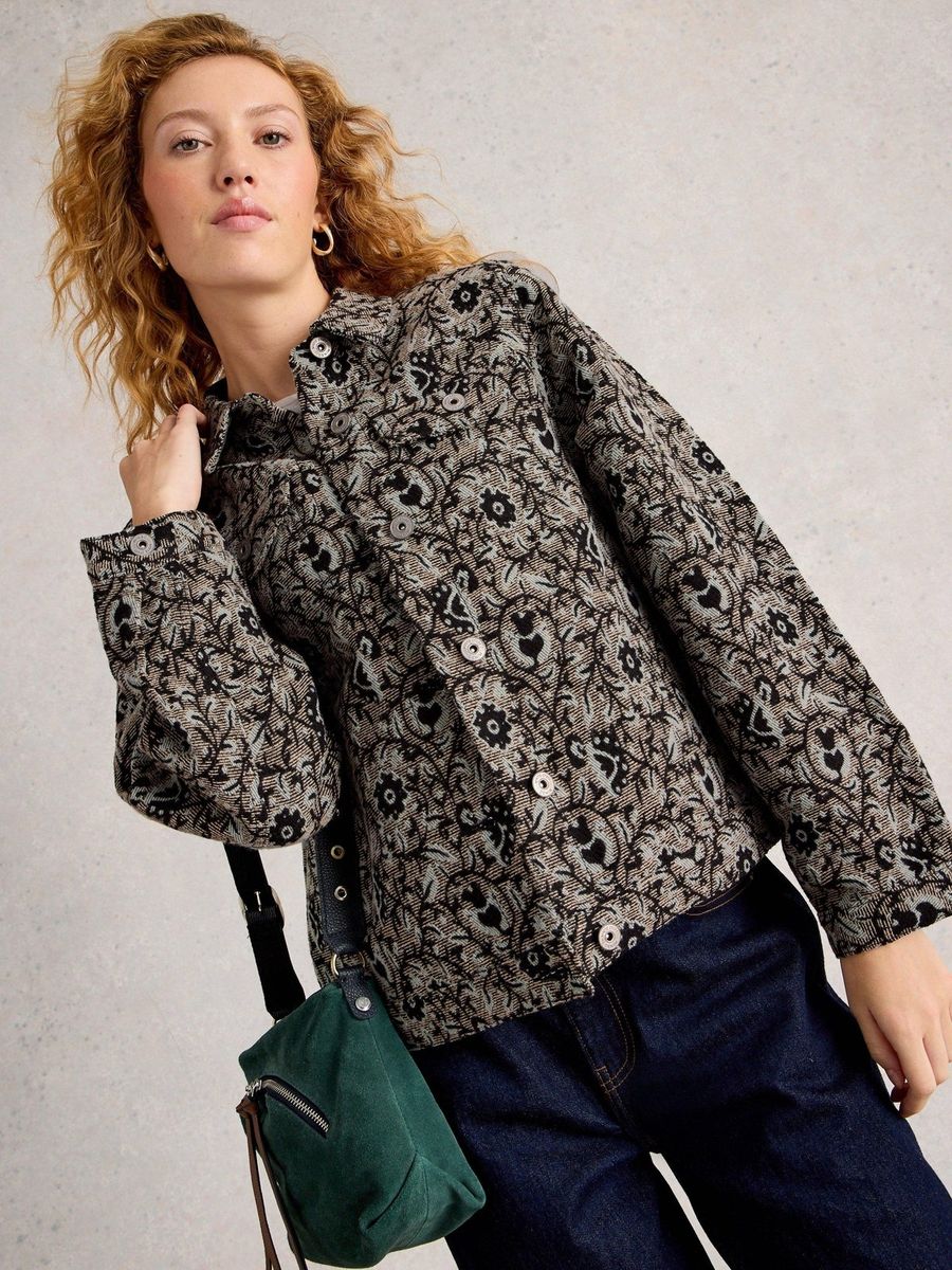 Kurzgeschnittene Jacquard-Jacke mit Blumenmuster