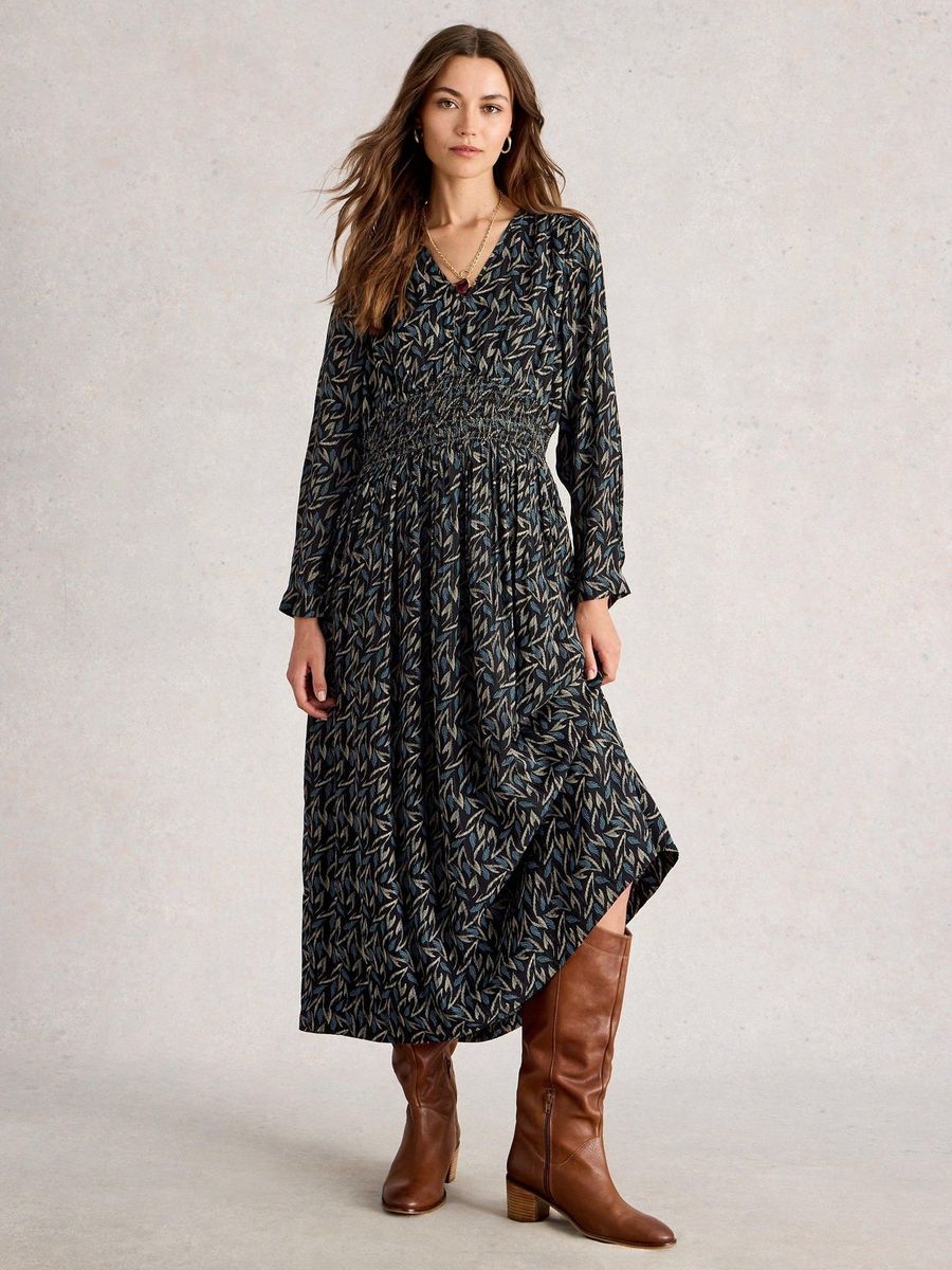 Midikleid mit Metallic-Blätterprint
