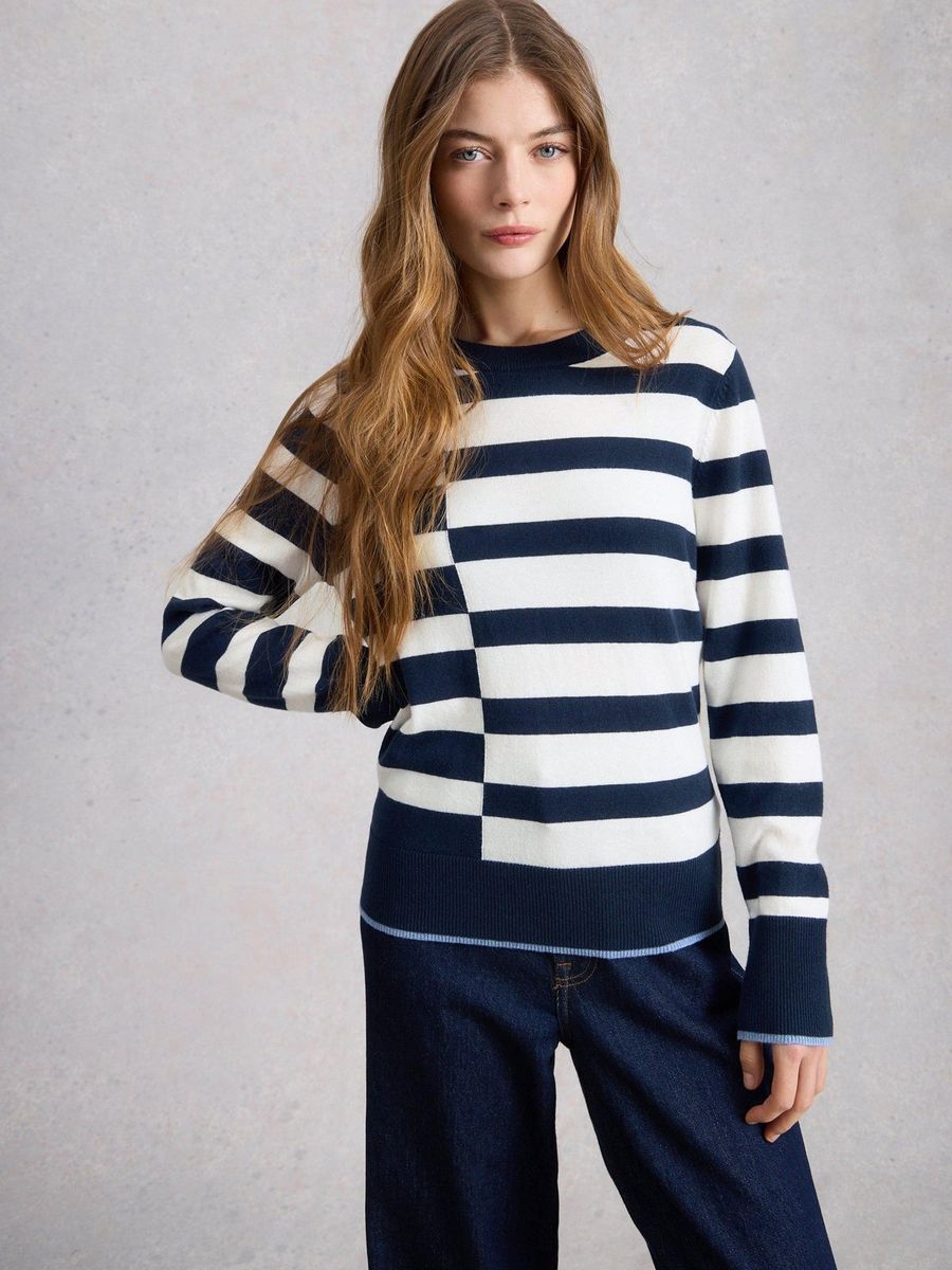 Asymmetrisch gestreifter Merino-Baumwoll-Pullover