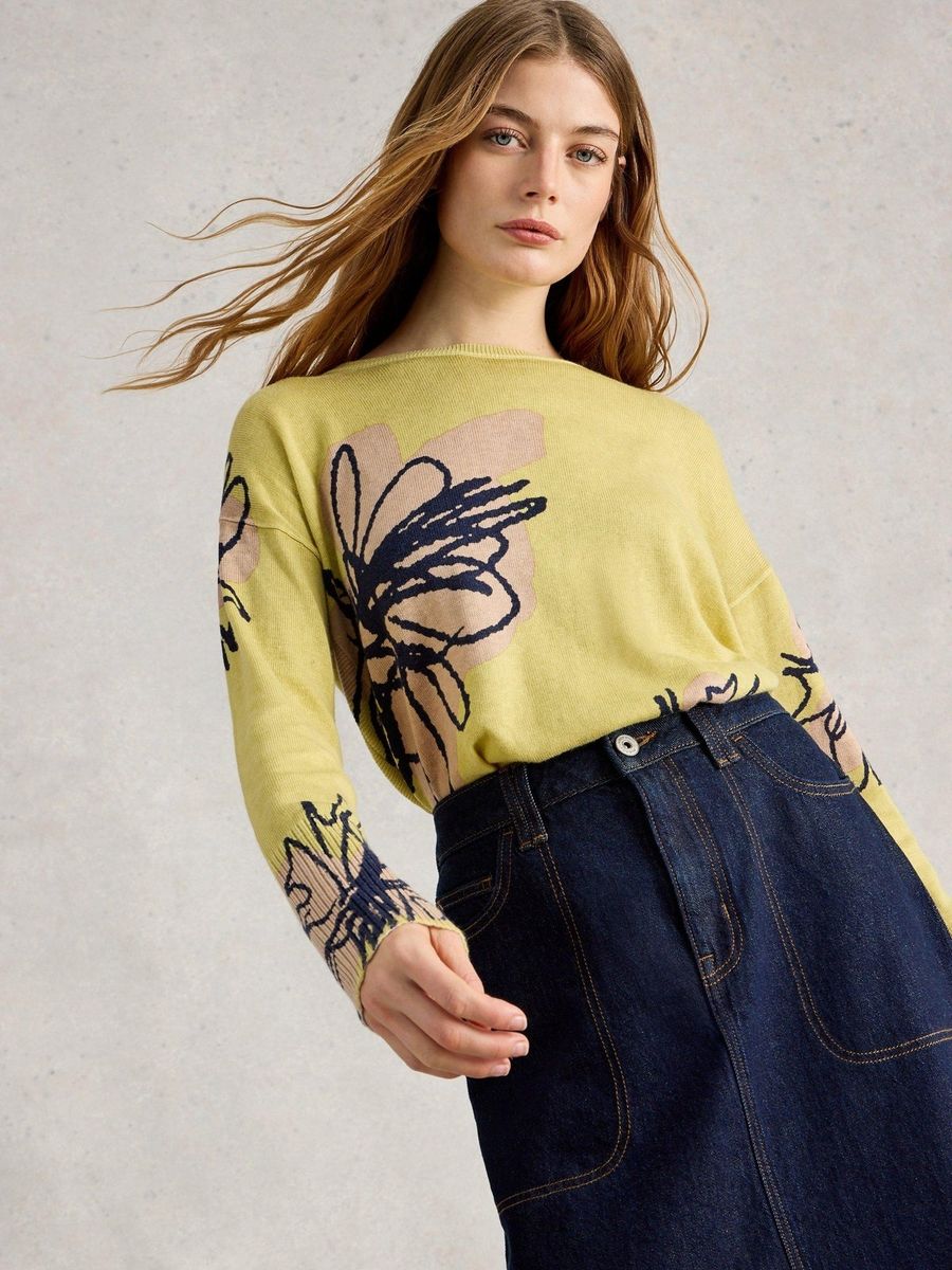 Hellgrüner Strickpullover mit Blumenprint
