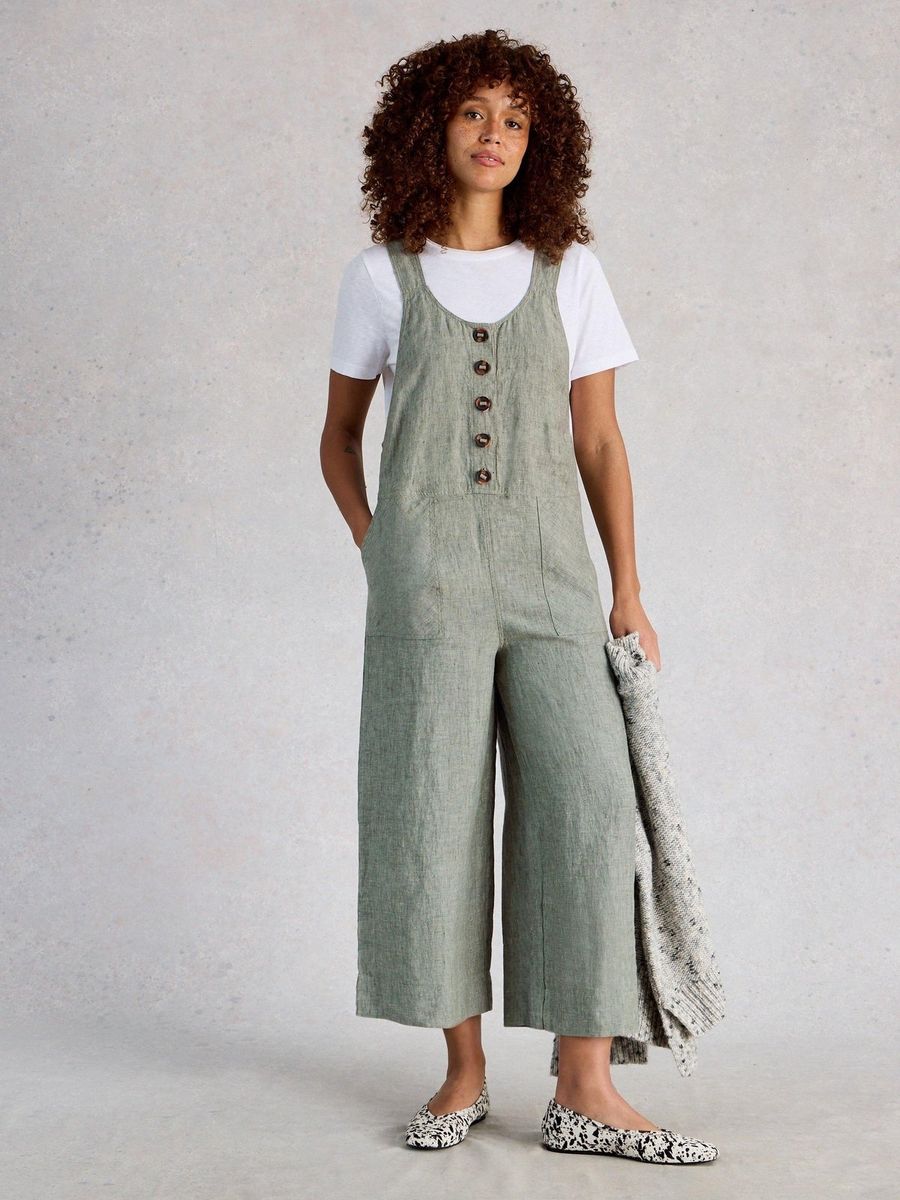 Leinen-Latzhose mit weitem Bein