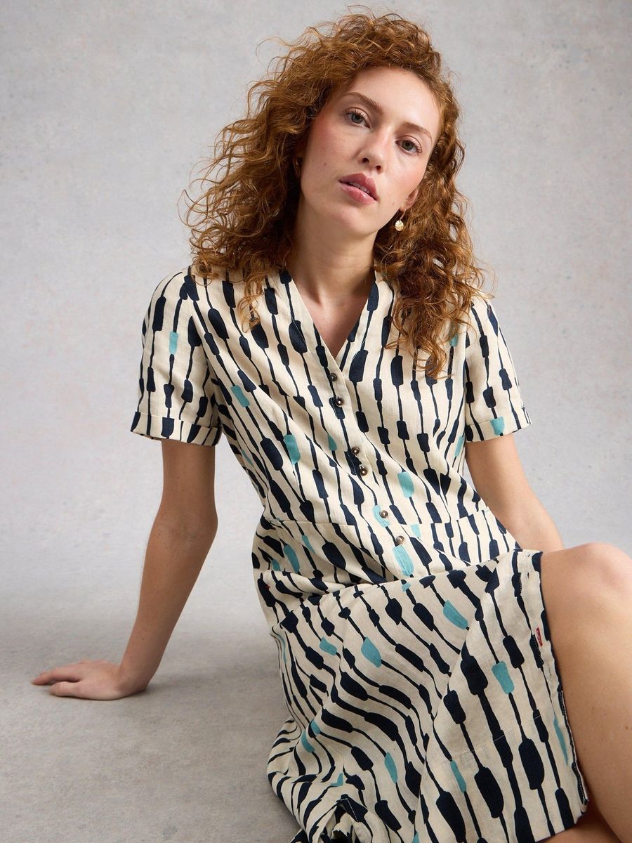 Iris Leinen-Midikleid mit abstraktem Print