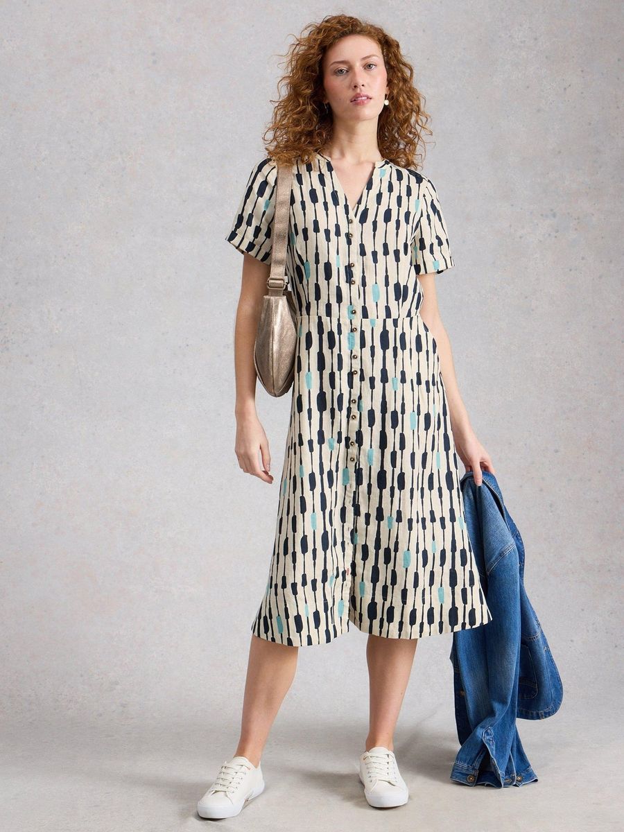 Iris Leinen-Midikleid mit abstraktem Print