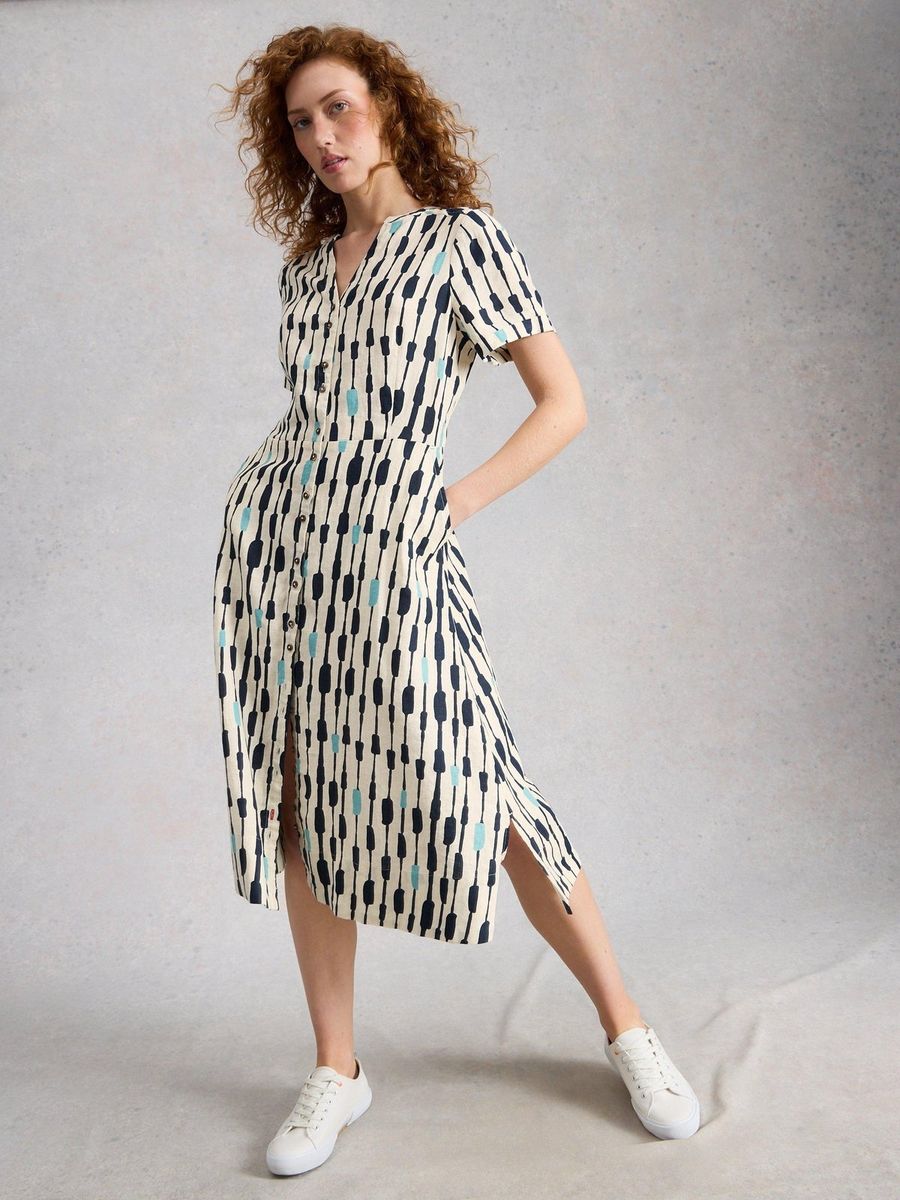 Iris Leinen-Midikleid mit abstraktem Print