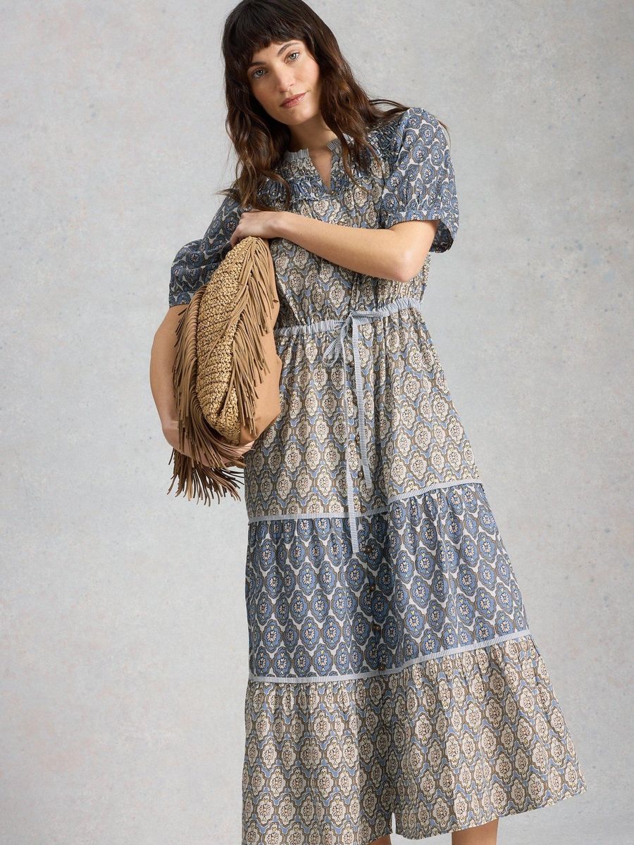 Böhmisches Baumwoll-Midikleid mit Stufen