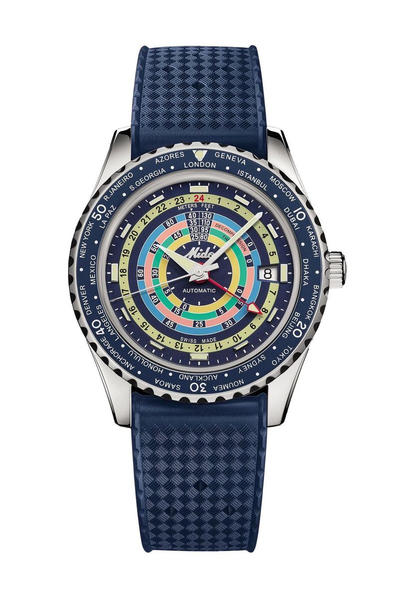 Automatische Herrenuhr mit Weltzeitanzeige, blaues Armband