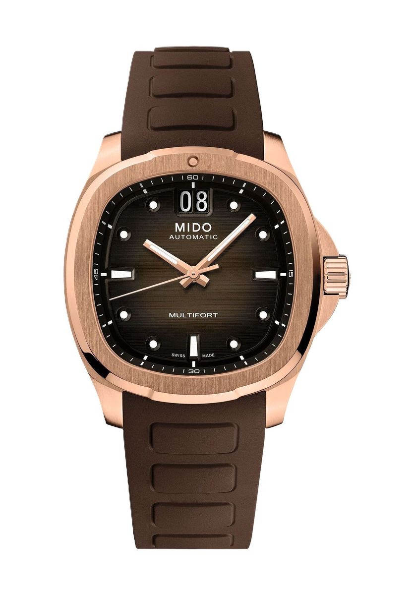 Roségoldfarbene Uhr mit braunem Zifferblatt