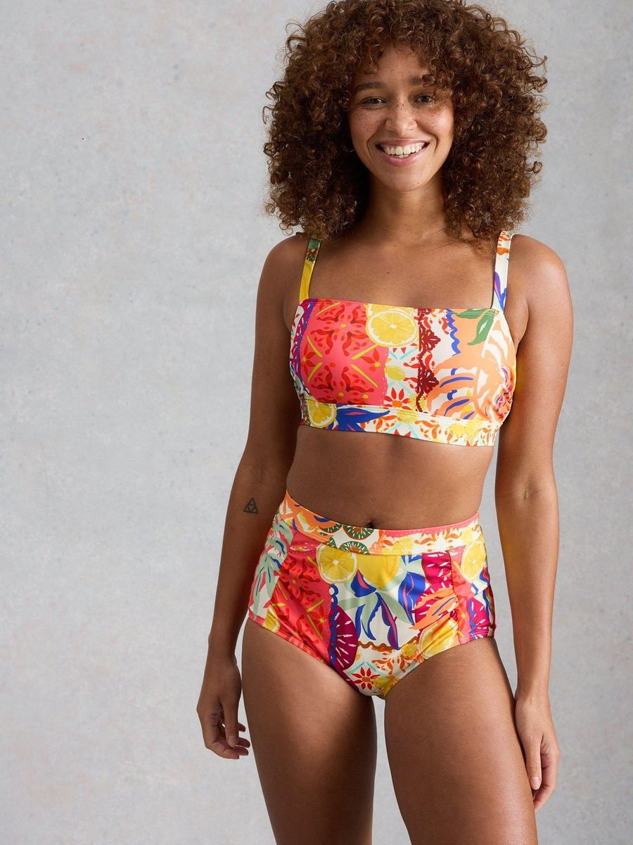 Farbenfrohes Bikini-Oberteil mit Fruchtmuster-Patchwork