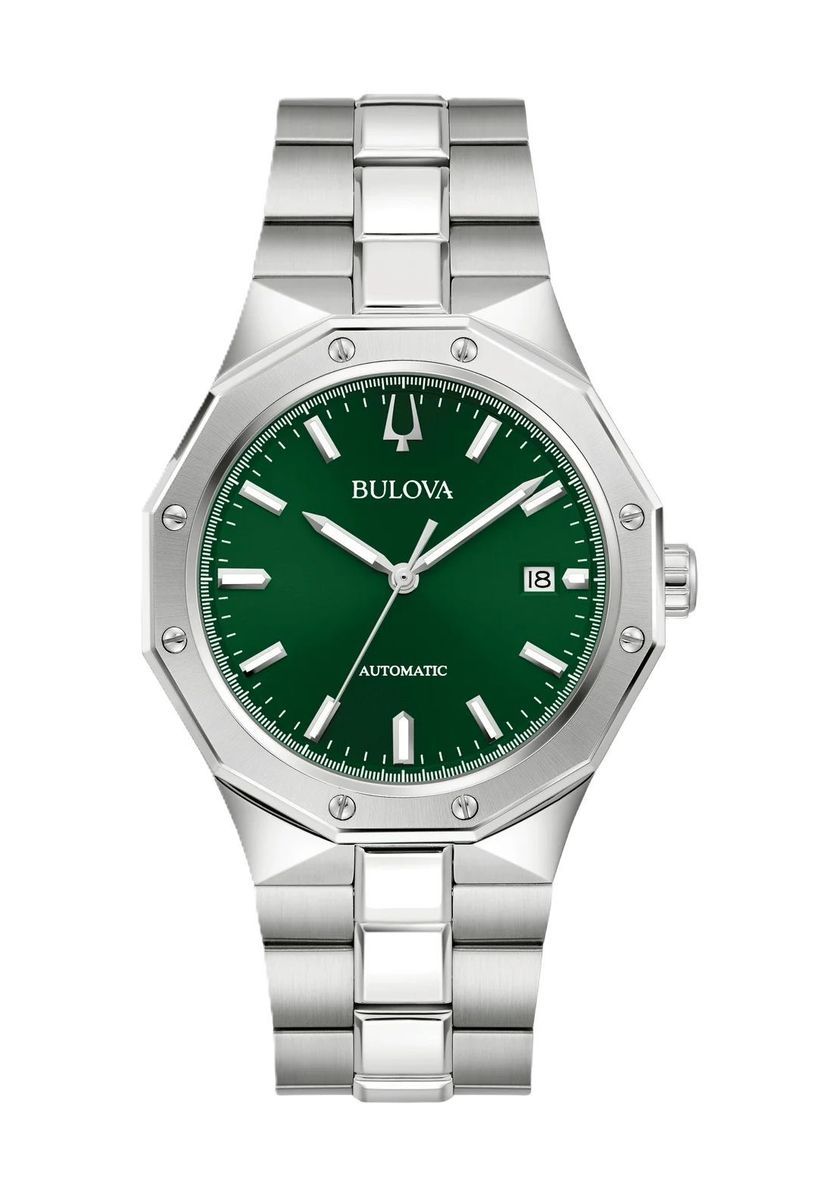 Elegante silberne Automatikuhr mit grünem Zifferblatt