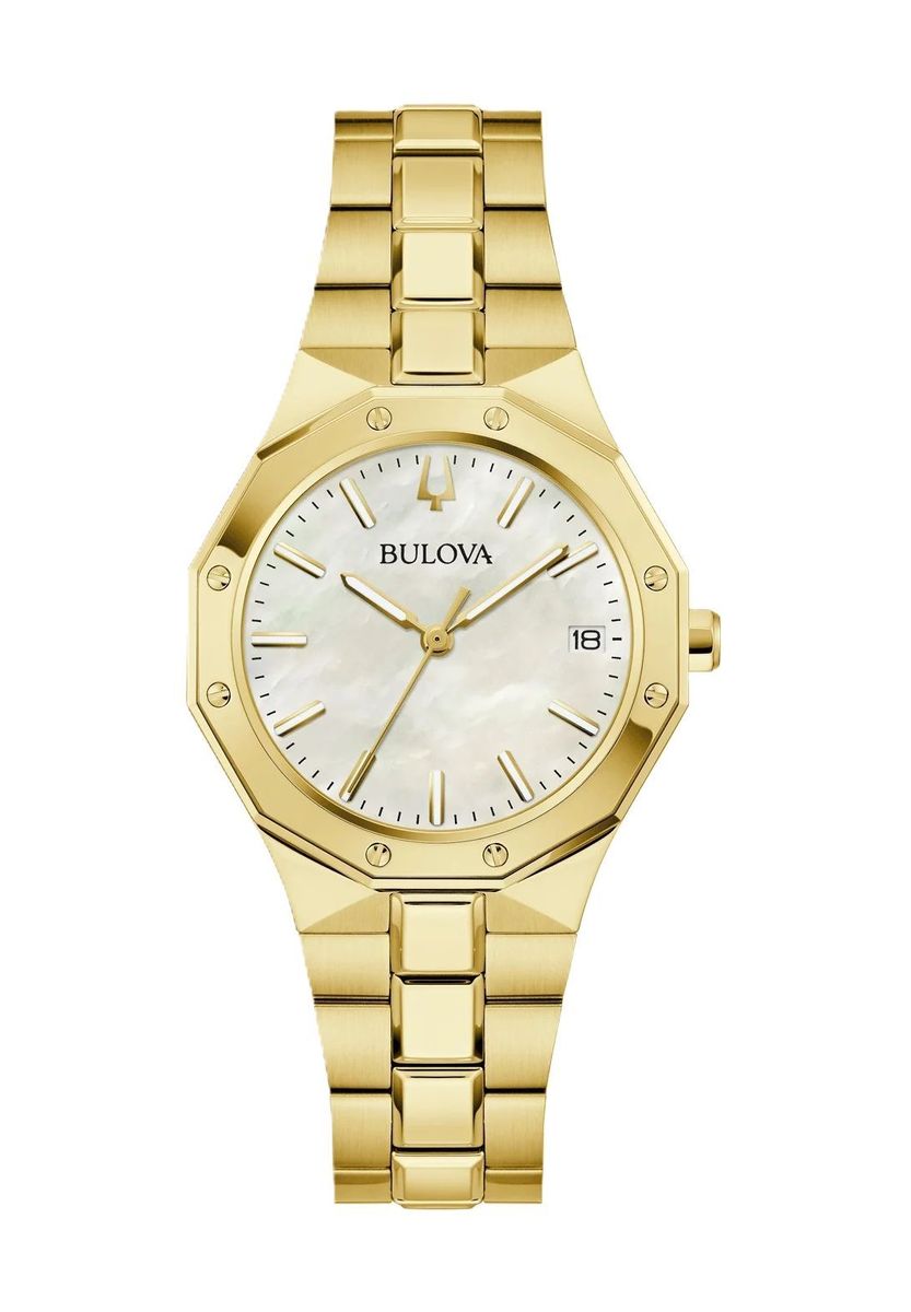 Goldfarbene Uhr mit Perlmutt-Zifferblatt