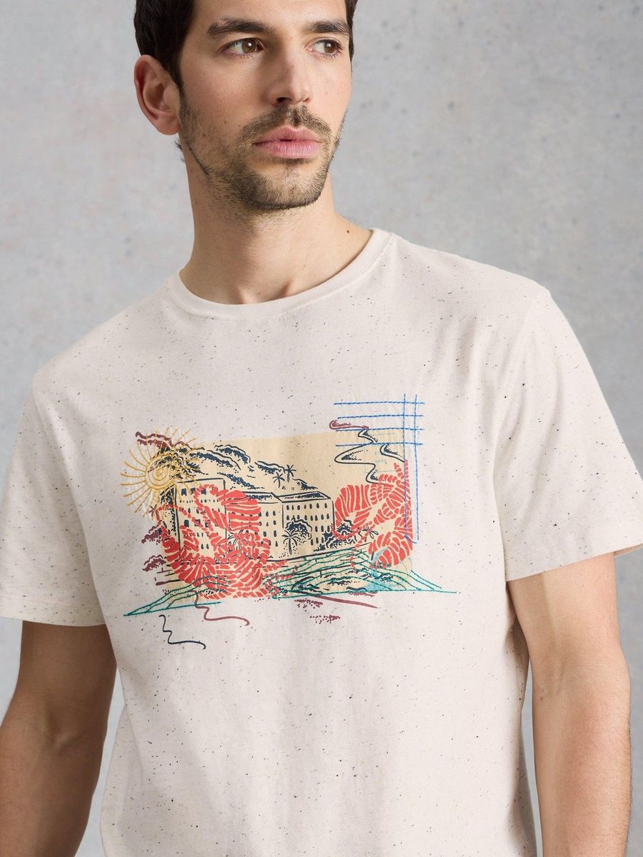 Baumwoll-T-Shirt mit Postkarten-Grafik