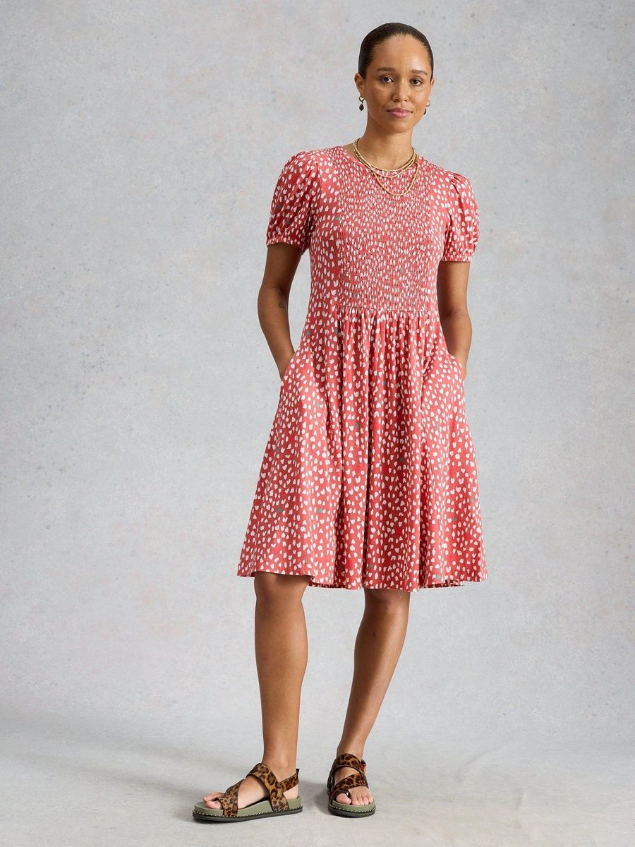 Bedrucktes Jerseykleid mit Smok-Einsatz