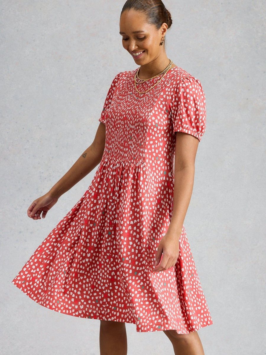 Bedrucktes Jerseykleid mit Smok-Einsatz
