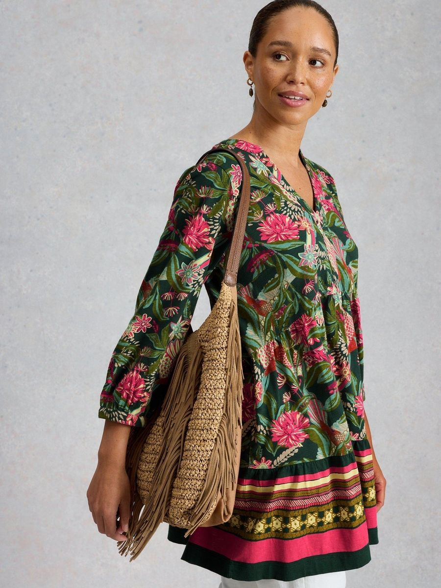 Gestufte Baumwolltunika mit Blumenmuster