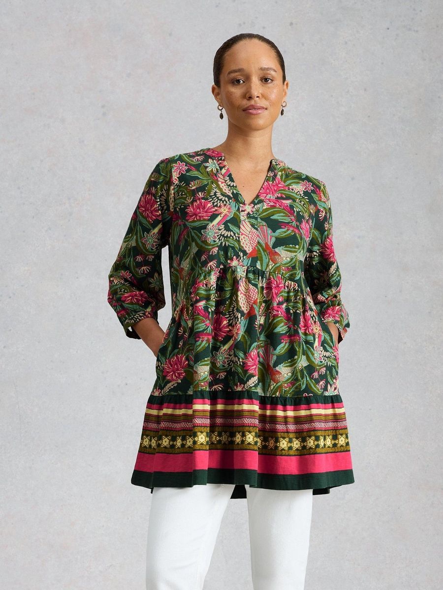 Gestufte Baumwolltunika mit Blumenmuster