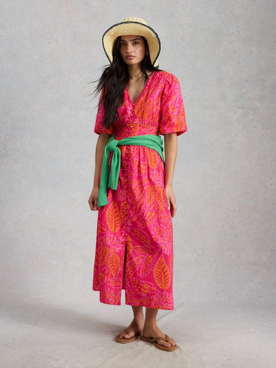 Farbenfrohes Midikleid mit Puffärmeln