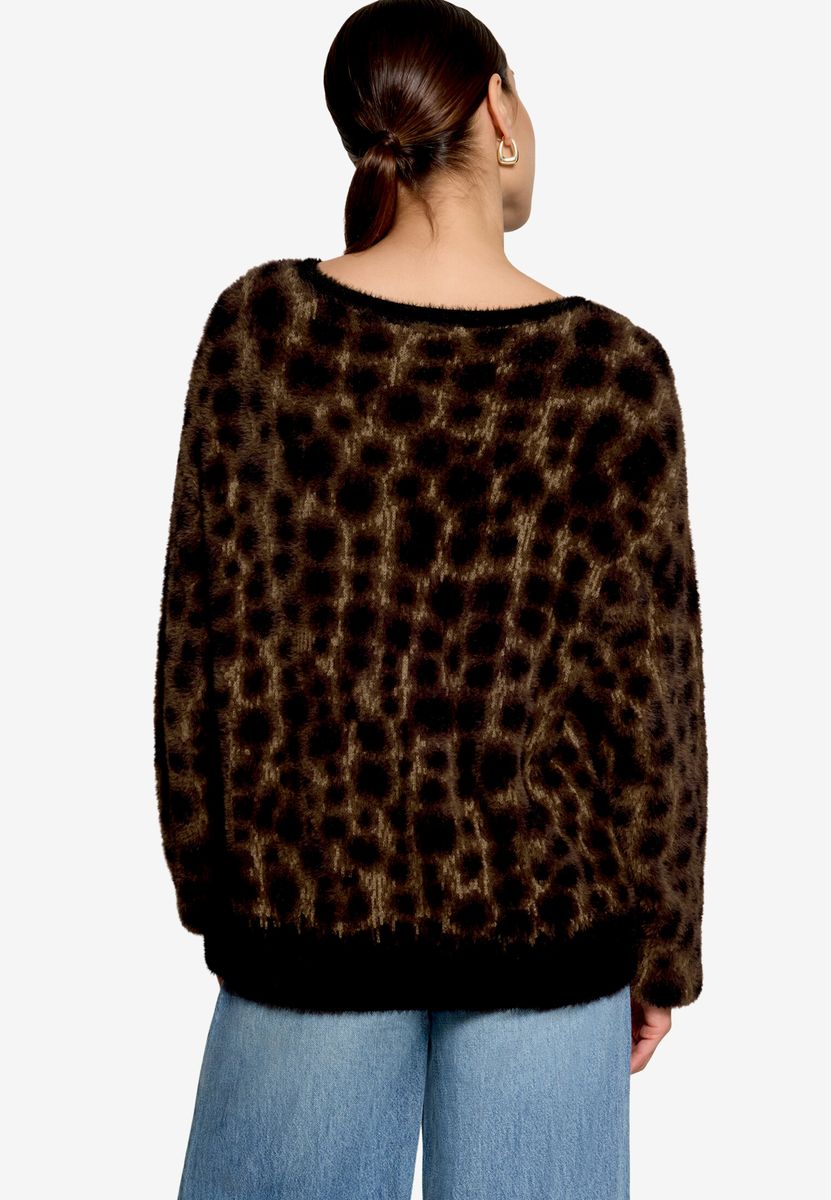Flauschiger Crewneck-Pullover mit Leopardenmuster