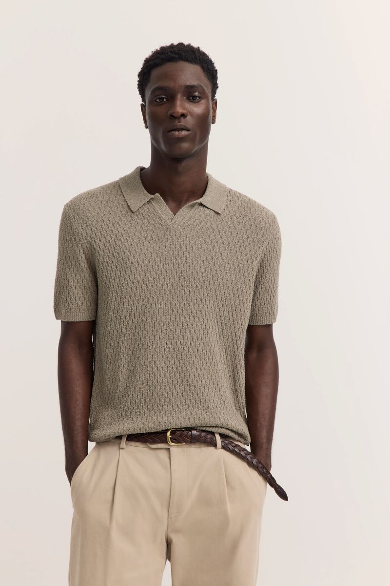 Strukturstrick-Poloshirt mit offenem Kragen