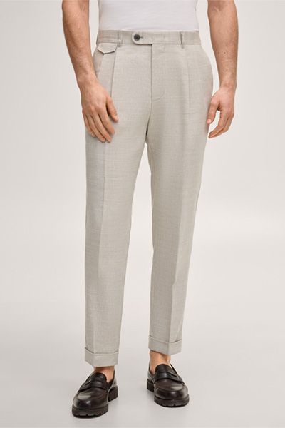 Bundfaltenhose mit Fischgrat aus Leinen-Woll-Mix