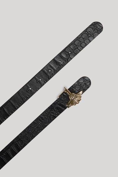 Bogner Schwarzer Kroko-geprägter Ledergürtel mit goldener Kornblumen-Schnalle