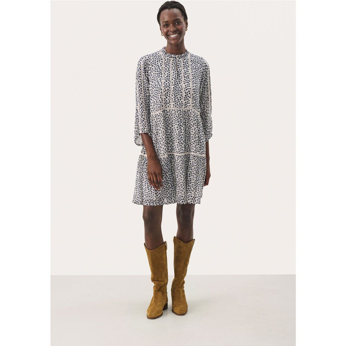 Kleid Gerade Passform Navy Mini Grid Flower multicolour