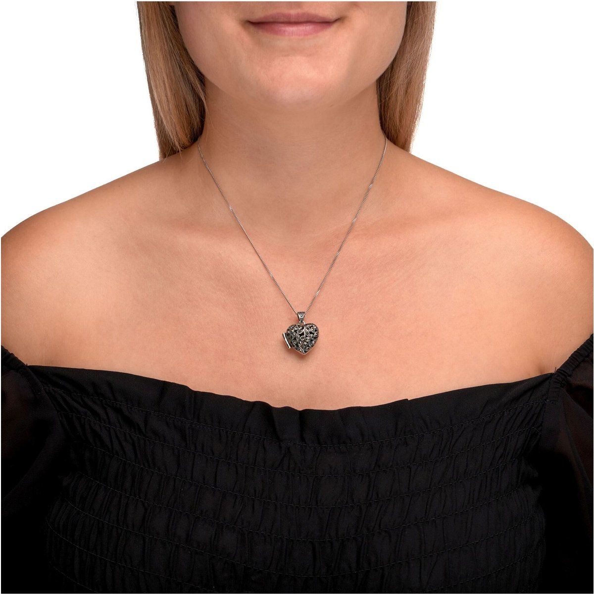 Zeeme Gemstones Halskette Silber 925 oxidiert Medaillon Herz-Form mit 25x Markasit