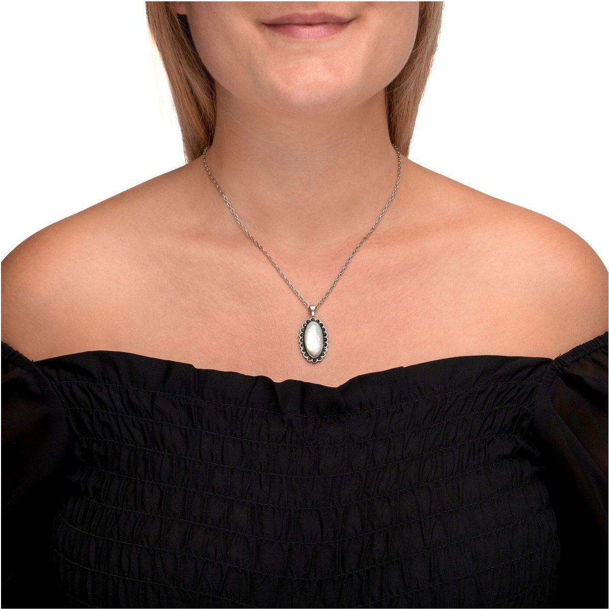 Zeeme Gemstones Halskette Silber 925 oxydiert 45cm lang mit weißem Perlmutt und Markasit-Steinen