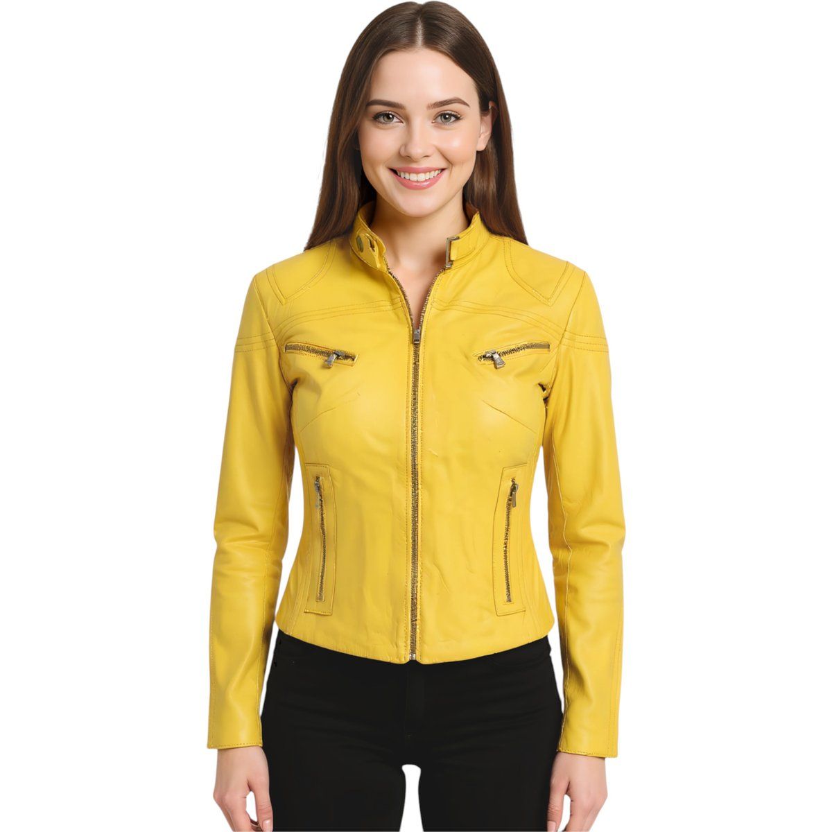 Gelbe, lässige Slim-Fit-Bikerjacke aus Leder für Damen – Tulsa