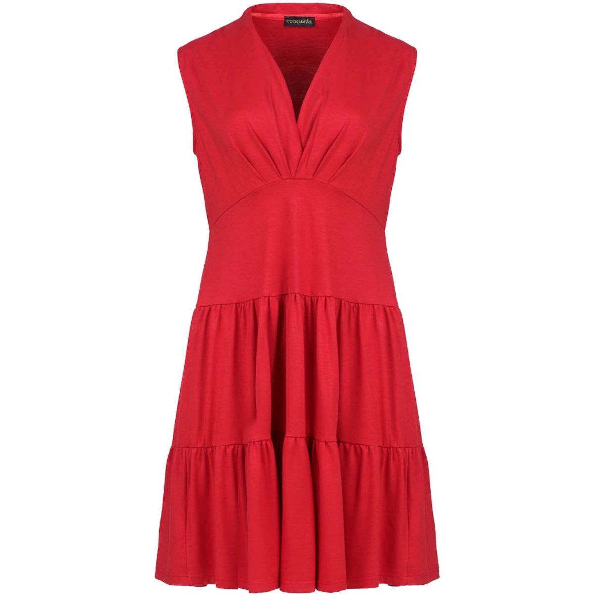 Rotes ärmelloses Jerseykleid mit V-Ausschnitt – lockere Passform, knielang