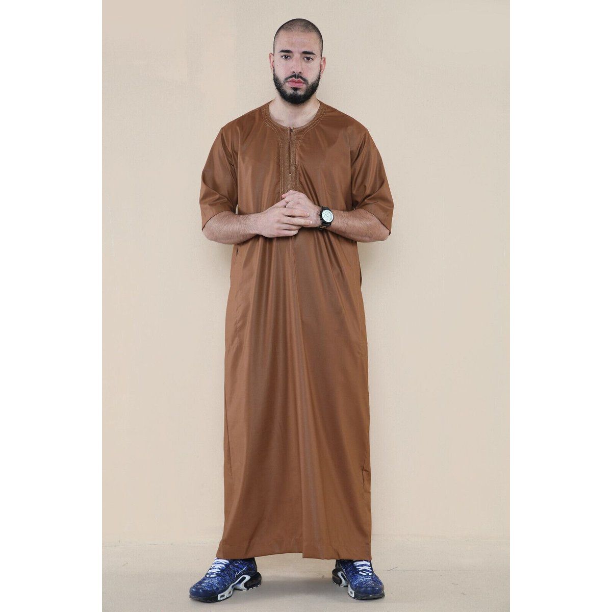 Brauner Thobe Jubba für Herren, islamischer arabischer marokkanischer Saudi-Kaftan mit Reißverschluss und arabischer Robe