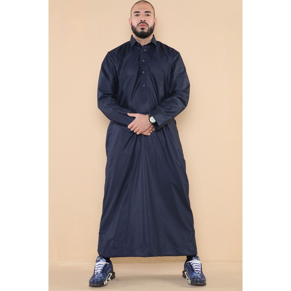 Herren Navy Thobe Jubba Saudi Ramadan Eid Islamischer Kaftan Kaudara Arabisch Jubbah