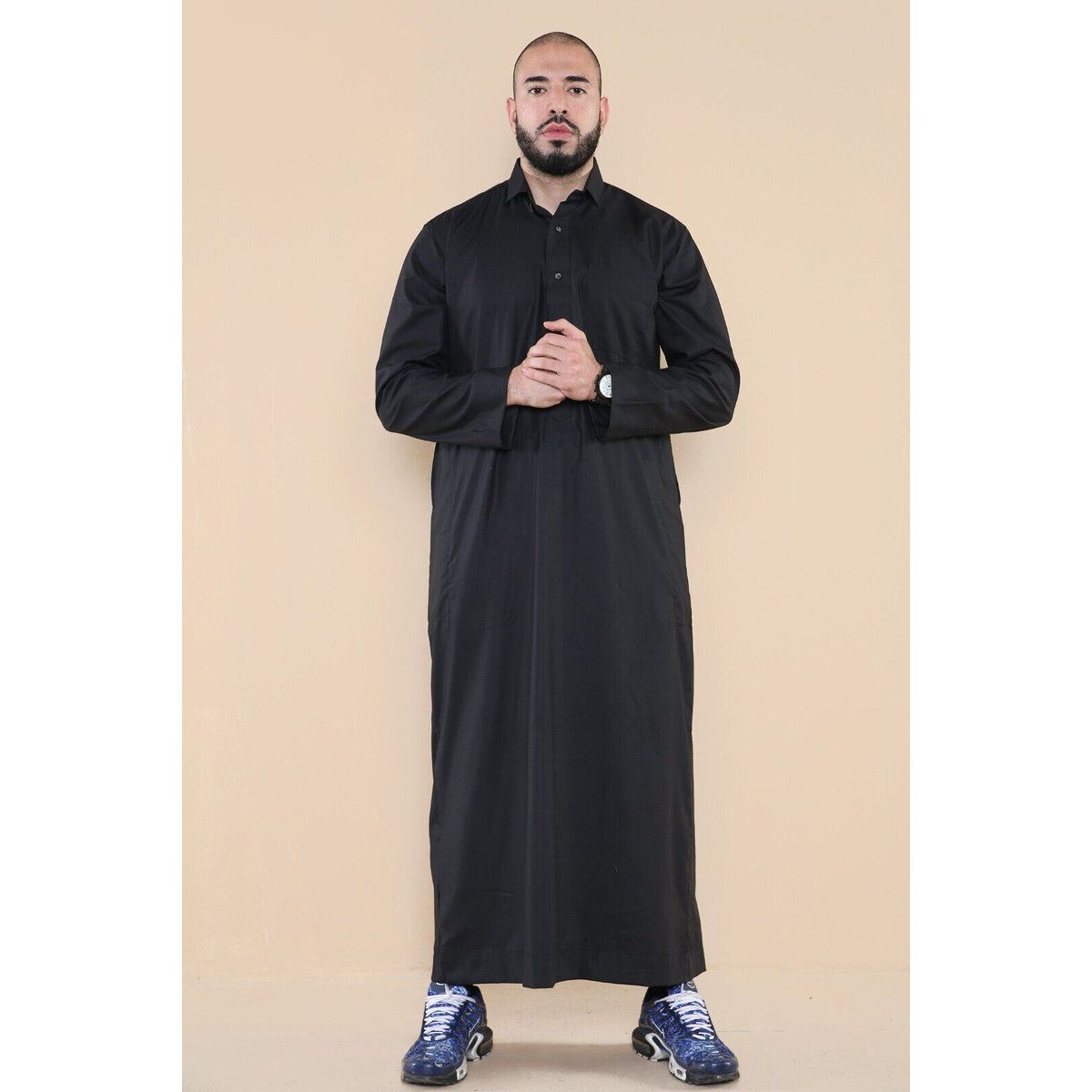 Herren Schwarz Thobe Jubba Saudi Ramadan Eid Islamischer Kaftan Kaudara Arabisch Jubbah