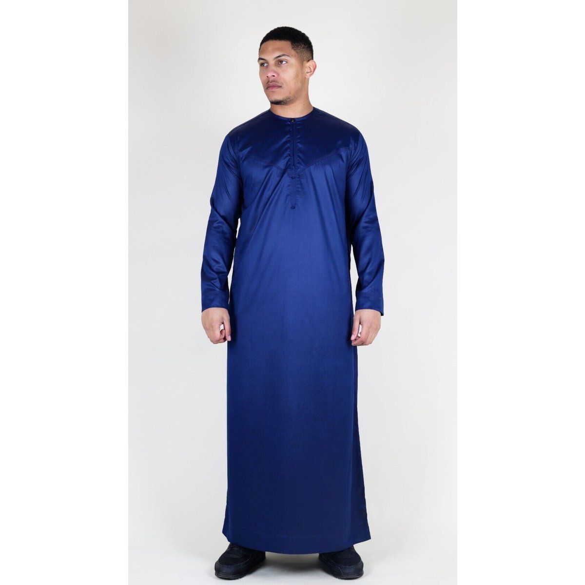 Herren-Thobe-Robe in Marineblau, Satin, emiratisch-islamisch, Jubba, Eid, Slim Fit