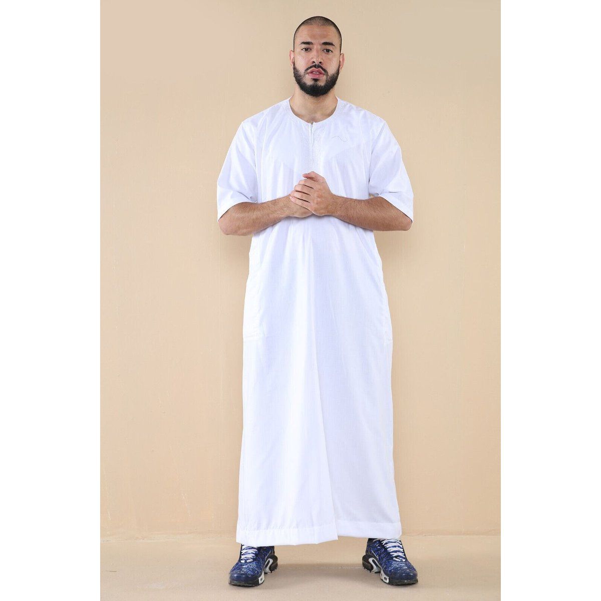 Weißer Thobe Jubba für Herren, islamischer arabischer marokkanischer Saudi-Kaftan mit Reißverschluss und arabischer Robe