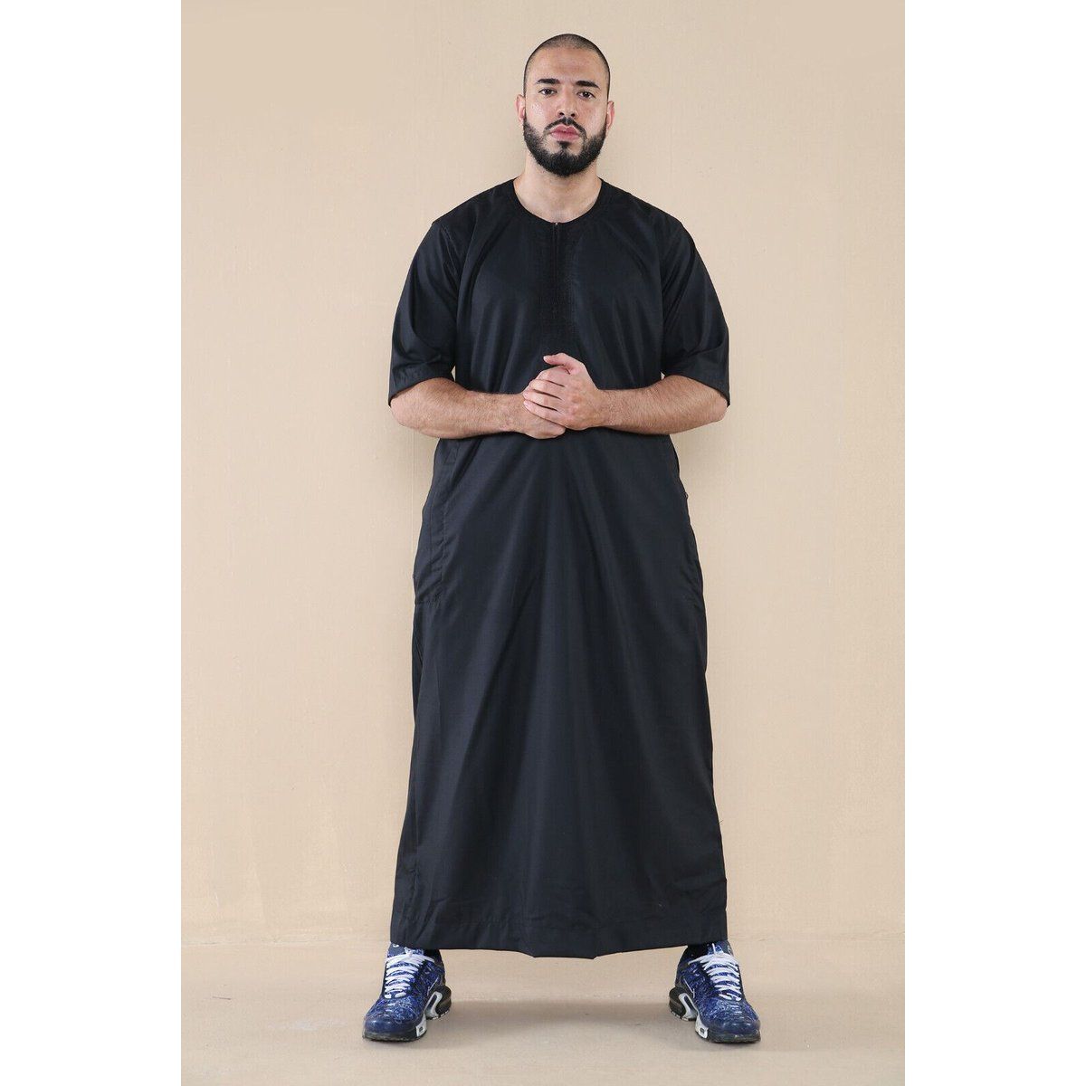 Schwarzer Thobe Jubba für Herren, islamischer arabischer marokkanischer Saudi-Kaftan mit Reißverschluss und arabischer Robe