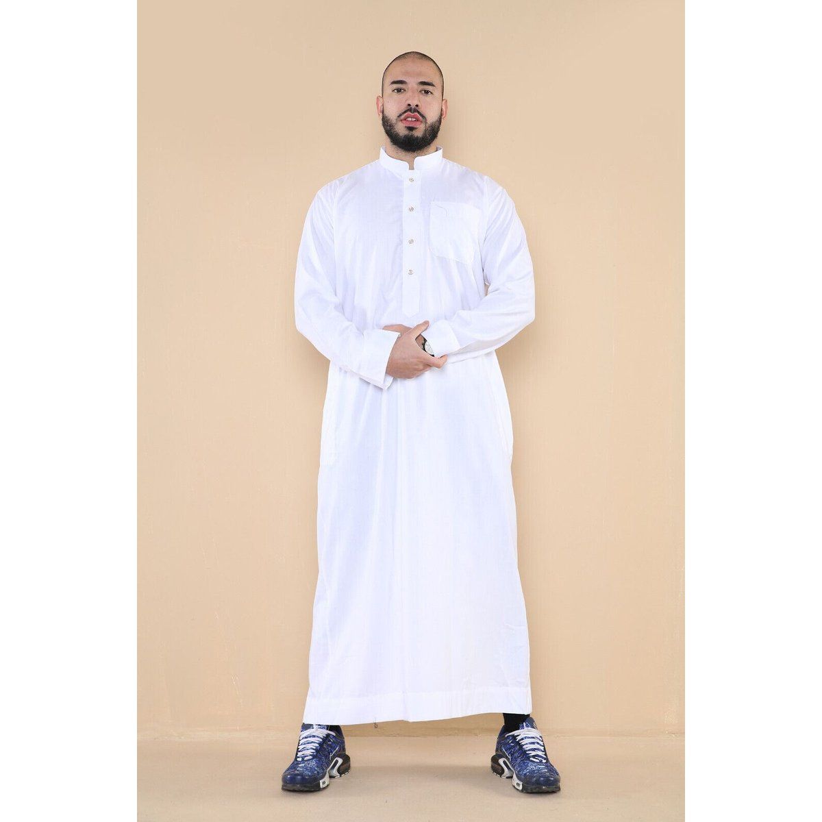 Weißer Thobe Jubba für Herren, saudischer islamischer arabischer Eid-Kaftan aus Baumwolle, Jubbah Umrah Robe