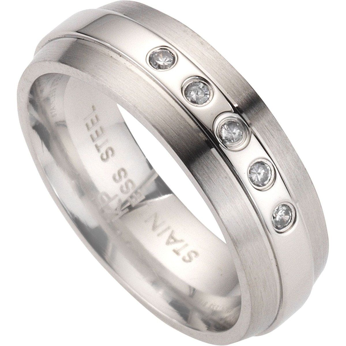 Zeeme Stainless Steel Ring Edelstahl glanz/matt mit weißem Zirkonia