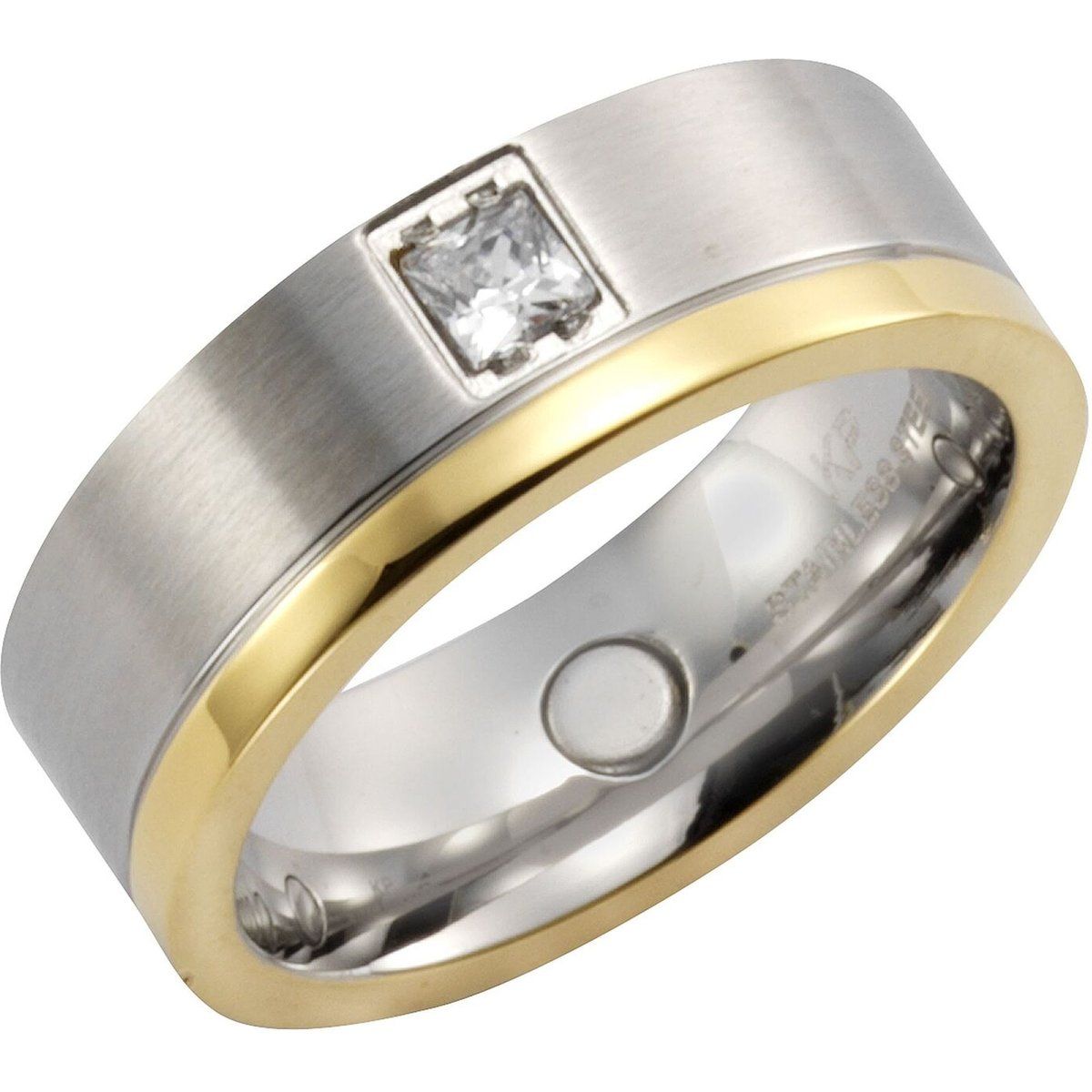 Zeeme Stainless Steel Ring Edelstahl zweifarbig glanz/mattiert mit weißem Zirkonia